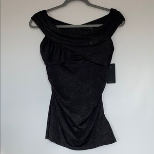 Black Guess Brand Creased Slinky Off-shoulder Top
